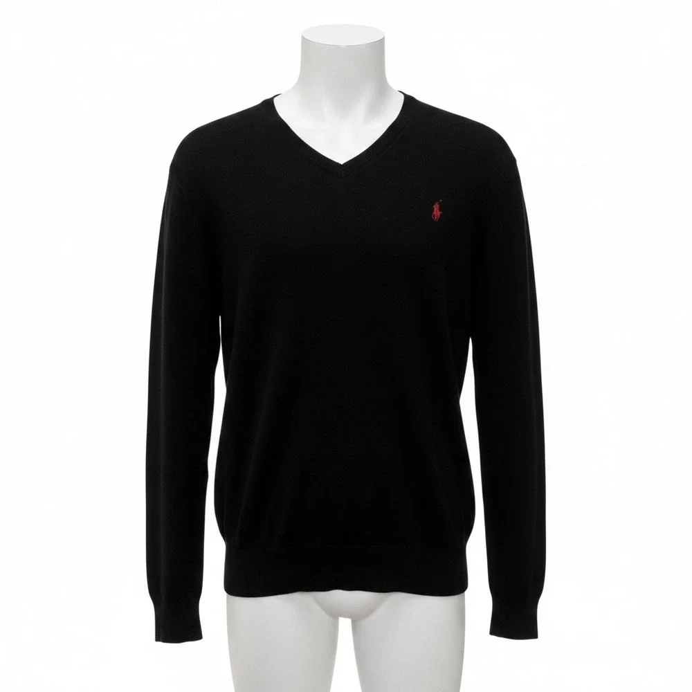 Polo Ralph Lauren Sweater XL Black Pima Cotton V-Neck Red Pony Pullover Preppy